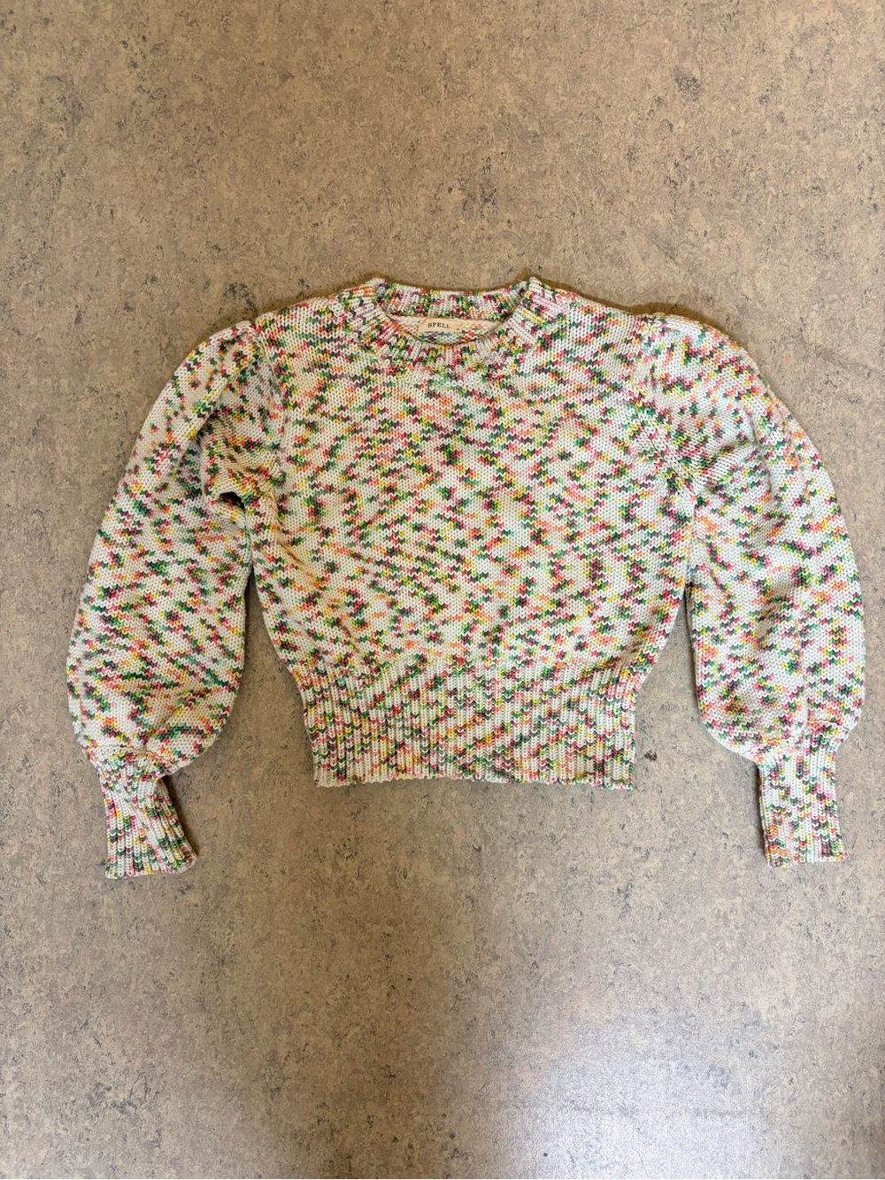 SPELL Sweater Women’s Medium Multicolor Confetti Knit Cropped Puff Sleeve Cotton